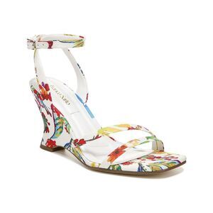 FRANCO SARTO Womens White Padded Franca Square Toe Wedge Heeled Sandal 7 M